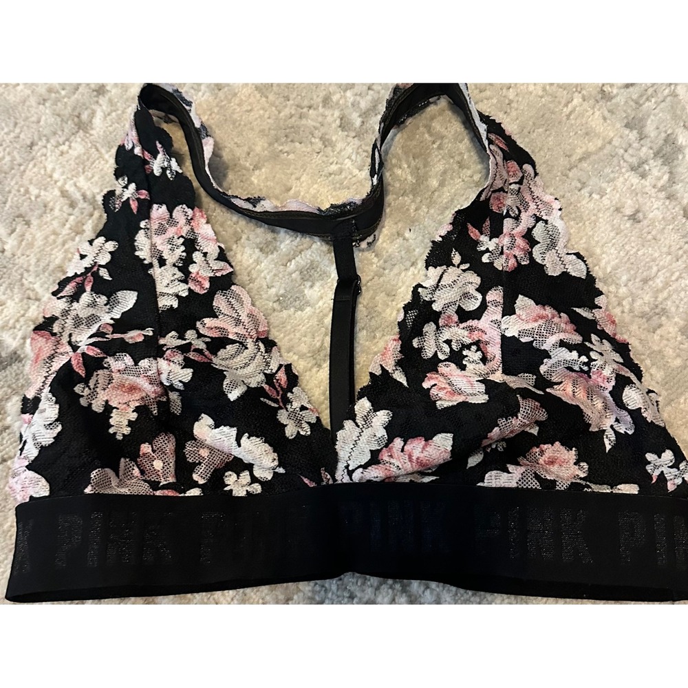 PINK Victoria's Secret Floral Lace Bralette Black Pink Flower Medium M B80